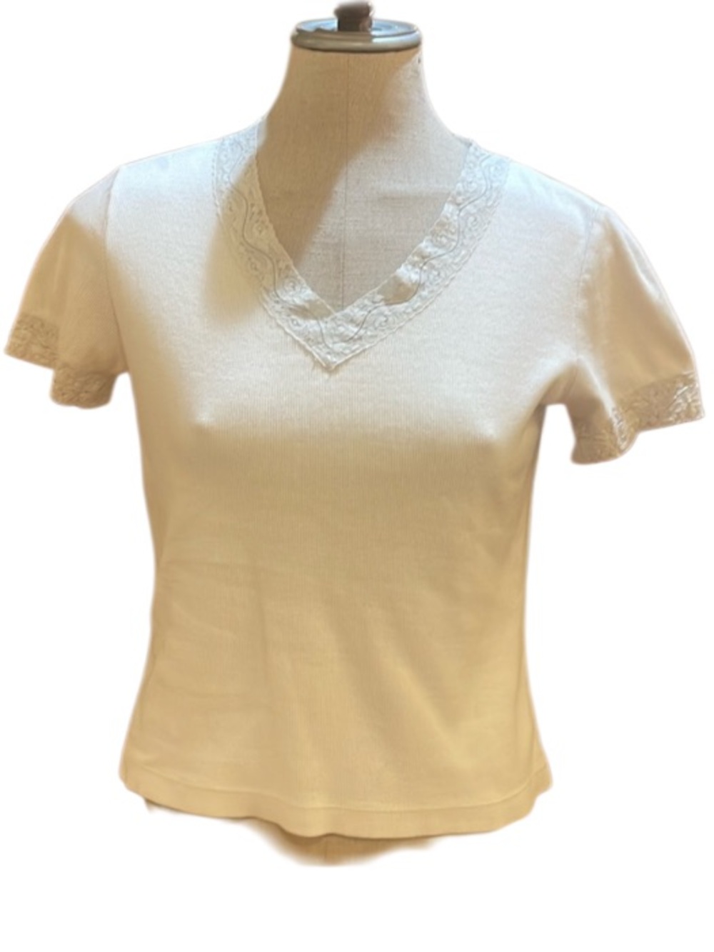 Vintage Rafaella white top short sleeve lace V neck white cotton stretch women S